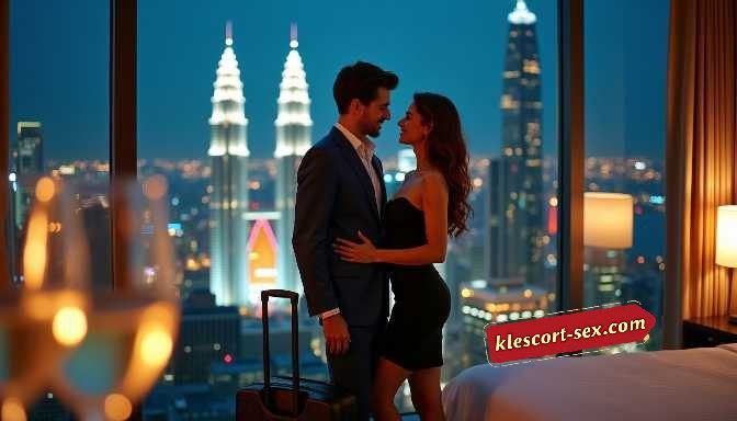 KL Escort Girl Couple embracing in a hotel room with city skyline view at night. Sex Service Malaysia