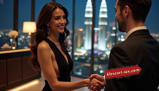 KL Escort Girl Elegant woman in black dress shakes hands with man in suit at skyscraper event Sex Service Malaysia