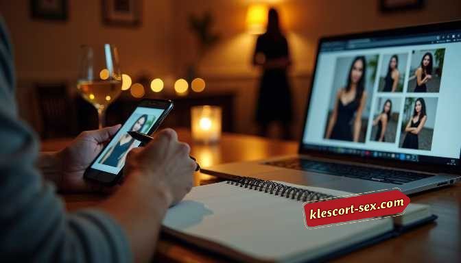 KL Escort Girl Person reviews model photos on laptop and phone at a table Sex Service Malaysia