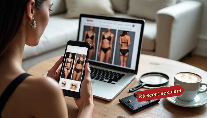 KL Escort Girl Woman shops for lingerie online on laptop and phone, with coffee and magnifying glass. Sex Service Malaysia
